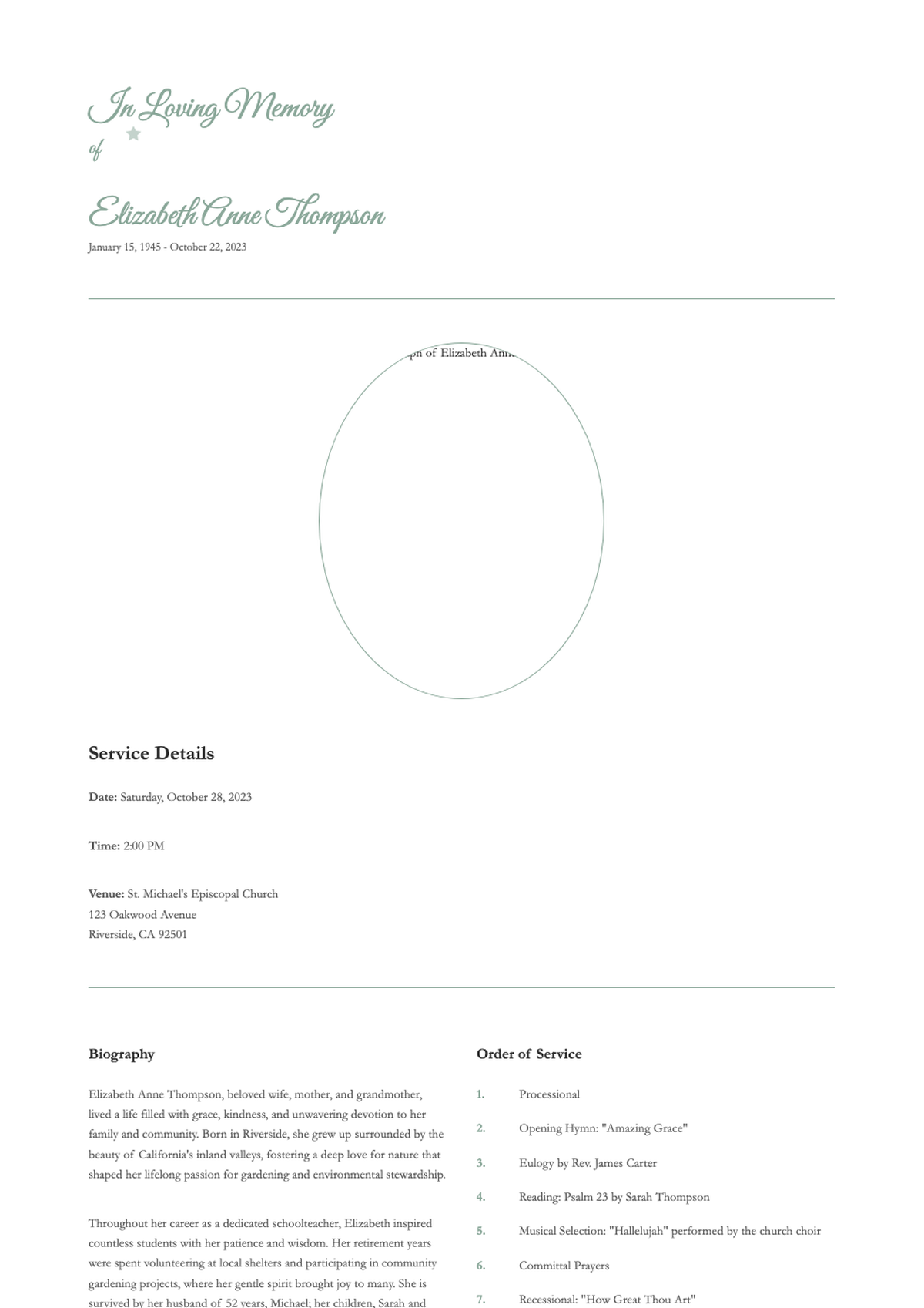 Elegant funeral program with tropical leaf design and photo_variant_1